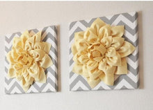 Load image into Gallery viewer, Two Wall Flowers -Light Yellow Dahlia on Gray and White Chevron 12 x12" Canvas Wall Art- 3D Felt Flower - Daisy Manor