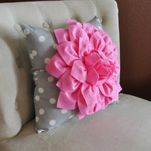 Load image into Gallery viewer, Pink Dahlia on Gray and White Polka Dot Pillow -Baby Nursery Pillow- Toss Pillow Decorative Pillow - Daisy Manor
