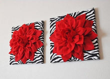 Load image into Gallery viewer, Two Wall Flowers -Red Dahlia Flowers on Black and White Zebra Print 12 x12" Canvas Wall Art- Baby Nursery Wall Decor- - Daisy Manor