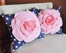 Load image into Gallery viewer, Set Of Two Decorative Rose Pillows -Light Pink Roses on Navy and White Polka Dot Pillows 14 X 14 - Daisy Manor
