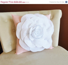 Load image into Gallery viewer, Throw Pillow White Rose on Light Pink Pillow 14x14 - Daisy Manor