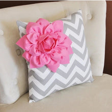 Load image into Gallery viewer, Pink Corner Dahlia on Gray and White Zigzag Pillow 14 X 14 -Chevron Flower Pillow- Zig Zag Pillows - Daisy Manor