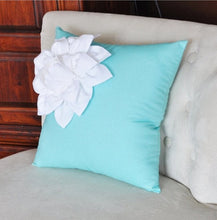Load image into Gallery viewer, White Corner Dahlia on Bright Aqua Pillow 14 X 14 Aqua Blue Pillow Toss Pillow Decorative Pillow - Daisy Manor