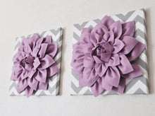 Load image into Gallery viewer, Two Wall Flowers -Lilac Dahlia on Gray and White Chevron 12 x12" Canvas Wall Art- Baby Nursery Wall Decor- - Daisy Manor