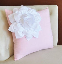 Load image into Gallery viewer, White Corner Dahlia on Light Pink Pillow -Baby Nursery Pillow- Light Pink Decor - Daisy Manor