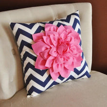 Load image into Gallery viewer, Pink Dahlia on Navy and White Zigzag Pillow - Chevron Pillow - - Daisy Manor