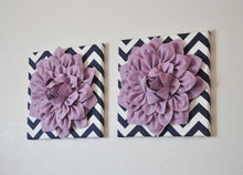 Load image into Gallery viewer, TWO Lilac Dahlia Flowers on Navy and White Chevron Canvases - Daisy Manor