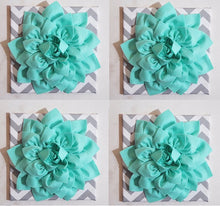 Load image into Gallery viewer, Four Wall Flowers -Mint Dahlia Flowers on Gray and White Chevron 12 x12" Canvas Wall Art- Baby Nursery Wall Decor- - Daisy Manor