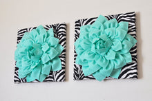 Load image into Gallery viewer, TWO Mint Green Dahlia Flowers on Black and White Zebra Print Canvases - Daisy Manor