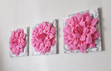 Load image into Gallery viewer, Three Pink Dahlia Flowers on White and Gray Damask Canvases - Daisy Manor
