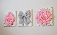 Load image into Gallery viewer, Three Light Pink Dahlias and Gray Bow on Polka Dot Canvases - Daisy Manor