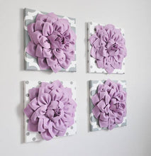 Load image into Gallery viewer, Baby Nursery Wall Decor, Lilac Dahlia flowers on Gray Moroccan and Gray polka dot printed canvases