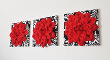 Load image into Gallery viewer, Three Red Dahlia Flowers on Black and White Damask Print Canvases - Daisy Manor