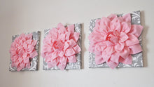 Load image into Gallery viewer, Three Light Pink Dahlia Flowers on Gray and White Damask Canvases - Daisy Manor