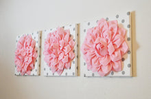 Load image into Gallery viewer, Three Light Pink Dahlias on White with Gray Polka Dot Canvases - Daisy Manor