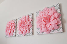 Load image into Gallery viewer, Three Light Pink Dahlia on Pink and Gray Chevron Canvases - Daisy Manor