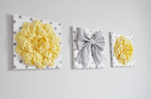 Load image into Gallery viewer, Three Light Yellow Dahlias and Gray Bow on Polka Dot Canvases - Daisy Manor