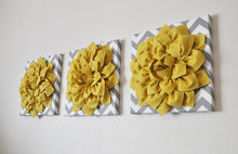 Load image into Gallery viewer, Three Mellow Yellow Dahlia On Gray And White Chevron Canvases - Daisy Manor