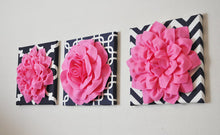 Load image into Gallery viewer, THREE Pink Flower Set on Navy and White Prints Canvases - Daisy Manor