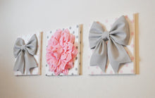 Load image into Gallery viewer, Set of Three Large Gray Bows and Light Pink Dahlia on Polka Dot Canvases - Daisy Manor