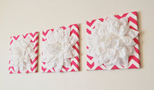 Load image into Gallery viewer, THREE White Dahlia Flowers on Hot Pink and White Chevron Canvases - Daisy Manor