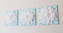 Load image into Gallery viewer, Three White Dahlia on Aqua and White Chevron Canvases - Daisy Manor