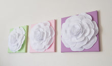 Load image into Gallery viewer, Three White Roses on Light Pink Lilac Light Green Canvases - Daisy Manor