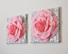 Load image into Gallery viewer, TWO Light Pink Roses on Gray and White Damask Canvases Wall Art - Daisy Manor