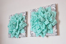 Load image into Gallery viewer, TWO Mint Green Dahlia on Gray and White Damask Canvases Wall Art - Daisy Manor