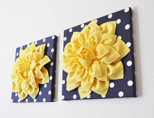 Load image into Gallery viewer, Two Yellow Dahlia Flowers on Navy and White Polka Dot 12 x12" Canvases - Daisy Manor