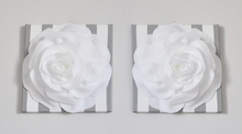 Load image into Gallery viewer, Set of TWO White Roses on Gray Stripe Canvases