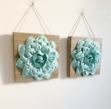 Load image into Gallery viewer, TWO Dusty Bl;ue Dahlia flowers on Reclaimed Wood plank canvases for  wall art decor
