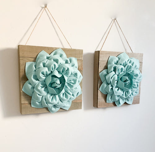 TWO Dusty Bl;ue Dahlia flowers on Reclaimed Wood plank canvases for  wall art decor