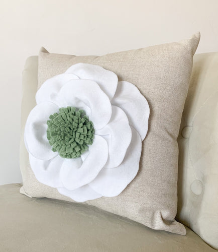 White Poppy Flower with Green Center on Oatmeal colored  Decorative Pillow