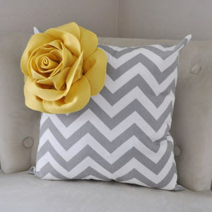 Mellow Yellow Corner Rose on Gray and White Zigzag Pillow 14 X 14 -Chevron Flower Pillow- Zig Zag Pillows - Daisy Manor
