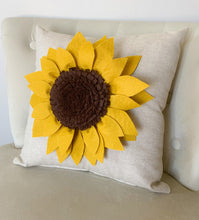 Load image into Gallery viewer, Decorative Pillow with Mustard yellow Sunflower made from wool felt on oatmeal colored pillow
