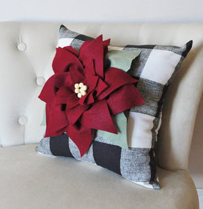 Cranberry Red Poinsettia on Buffalo Check Christmas Decor Pillow