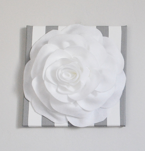 3D White Rose on Gray Stripe Artist Canvas