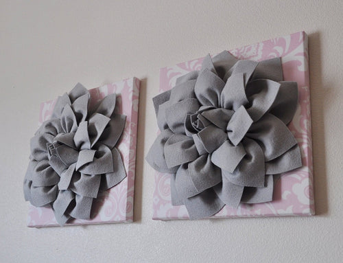 Gray Dahlia Flowers on Light Pink Damask Wall Art