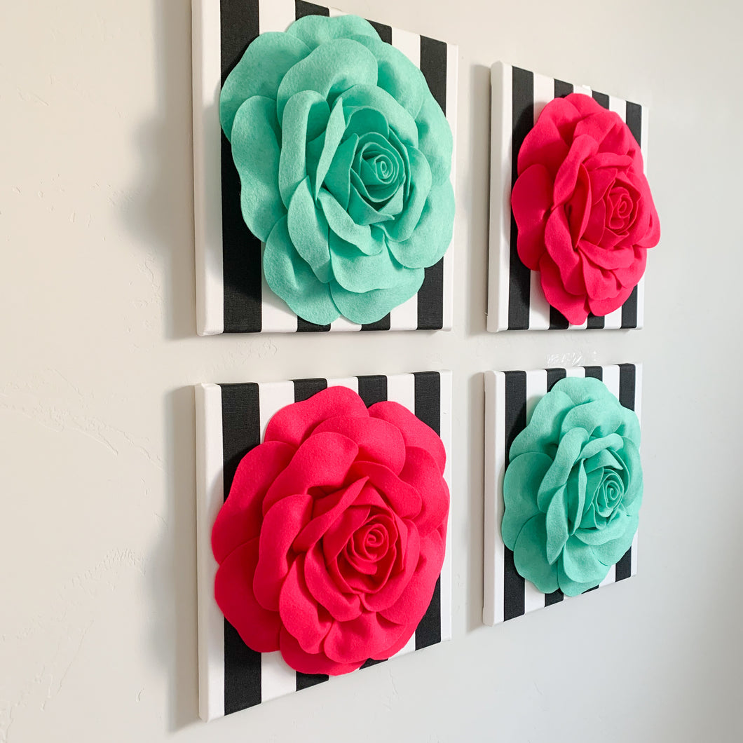 Hot Pink and Teal Roses on Black and White Stripe Set of Four Wall Art