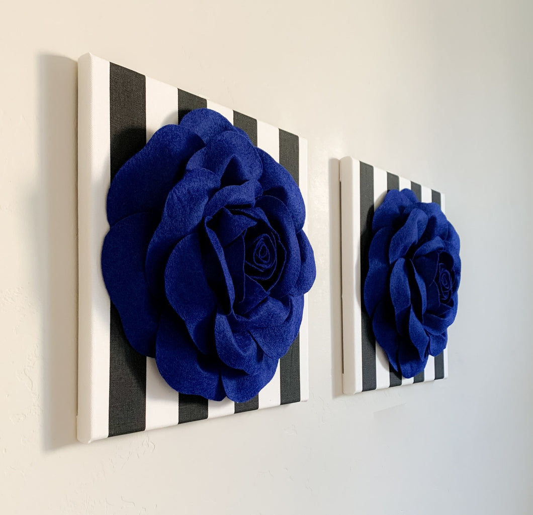 3D Royal Blue Roses on Black and White Stripe Canvas set of two