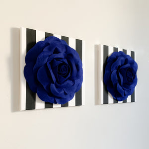Royal Blue Roses on Black Stripe Wall Art Set of Two