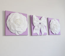 Load image into Gallery viewer, White Roses and White Bow on Lilac Canvas Wall Set - Daisy Manor
