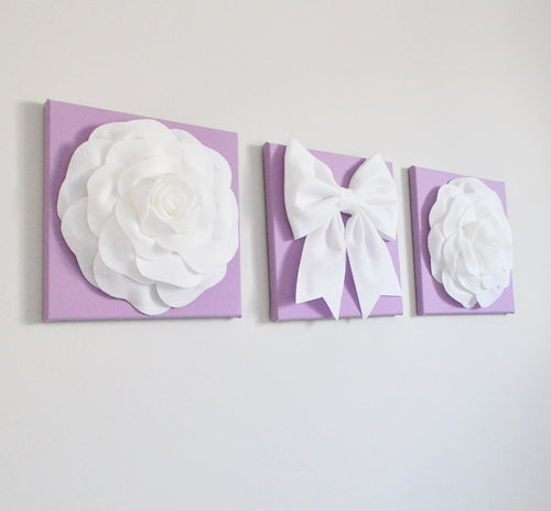 White Roses and White Bow on Lilac Canvas Wall Set - Daisy Manor