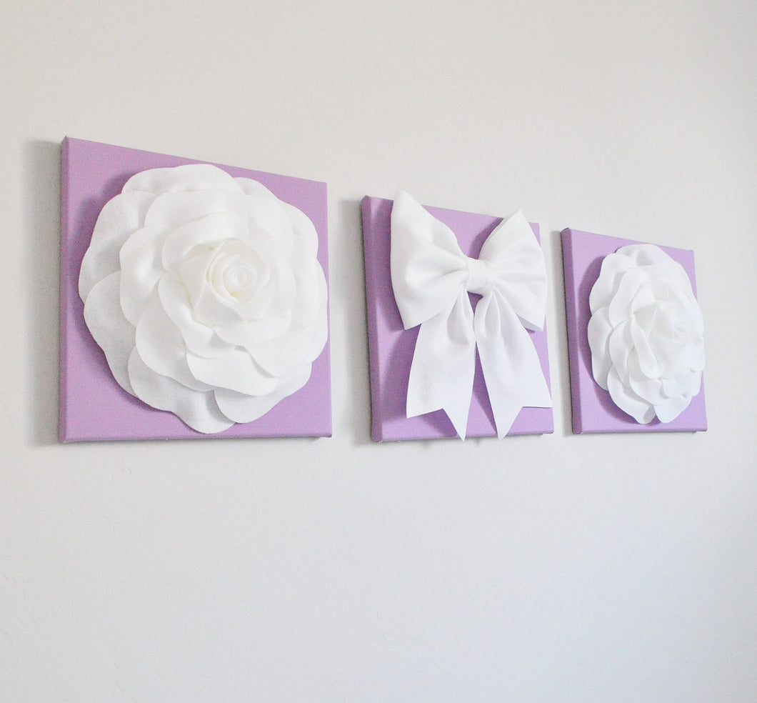 White Roses and White Bow on Lilac Canvas Wall Set - Daisy Manor