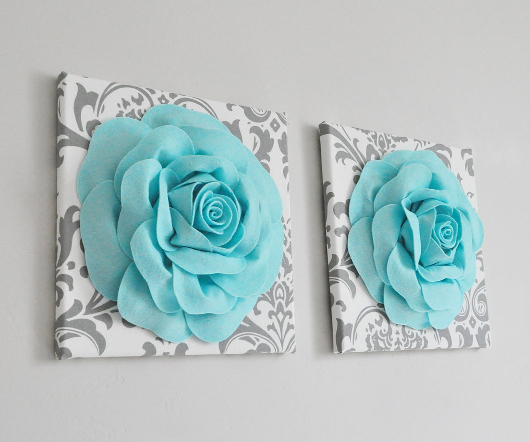 Flower Wall Decor Aqua Blue and White Damask Canvas Set - Daisy Manor