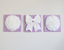 Load image into Gallery viewer, White Roses and White Bow on Lilac Canvas Wall Set - Daisy Manor
