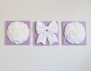 White Roses and White Bow on Lilac Canvas Wall Set - Daisy Manor