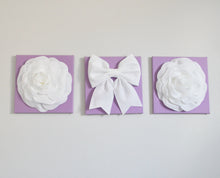 Load image into Gallery viewer, White Roses and White Bow on Lilac Canvas Wall Set - Daisy Manor
