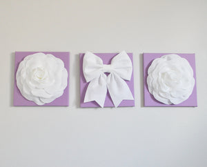 White Roses and White Bow on Lilac Canvas Wall Set - Daisy Manor